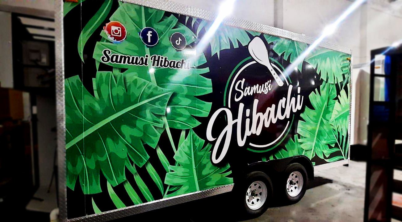 The Samusi Hibachi truck in its green tropical wrap